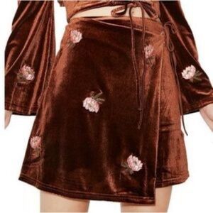 Honey Belle Chocolate Brown Velvet Mini Skirt with Floral Embroidery